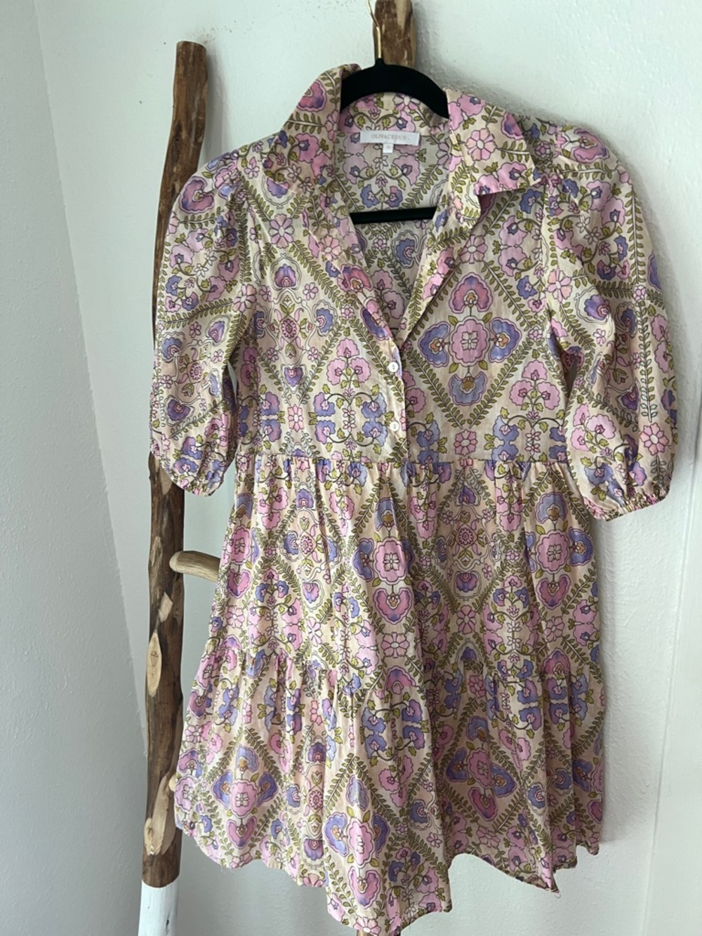 Olivaceous Pink Purple Cream Floral Tiered Cotton Short Puff Sleeve Mini Dress S - Picture 7 of 7